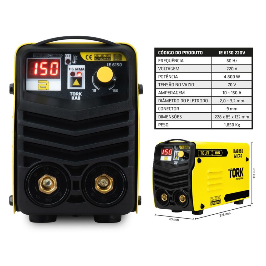 MÁQUINA INVERSORA DE SOLDA TIG LIFT,ELETRODO MMA KAB 150A 220V (TORK SOLDA)
