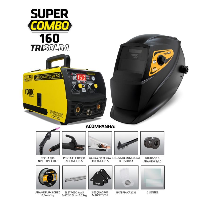MÁQUINA DE SOLDA INVERSORA MIG SINÉRGICO, TIG, ELETRODO MMA KAB 160A 220V, MÁSCARA AUTOMÁTICA (TORK SOLDA)