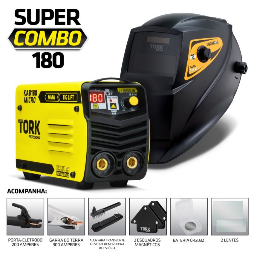MÁQUINA INVERSORA DE SOLDA TIG,ELETRODO MMA KAB 180A 220v, MÁSCARA AUTOMÁTICA (TORK SOLDA)