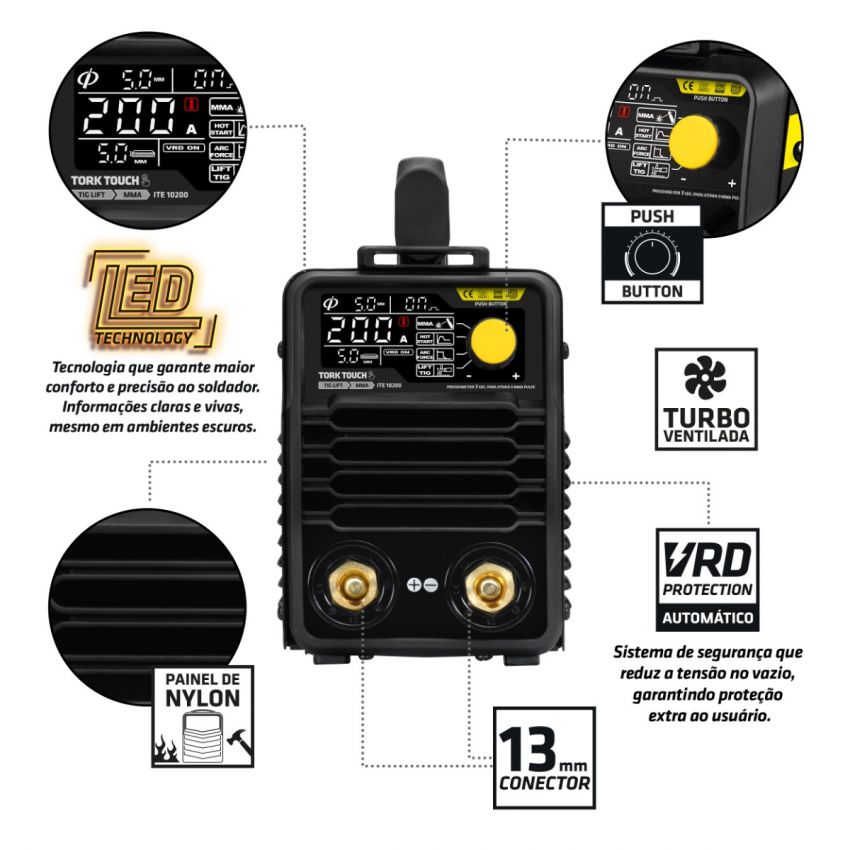 MÁQUINA DE SOLDA INVERSORA TIG, ELETRODO MMA TOUCH 200A 220V (TORK SOLDA)