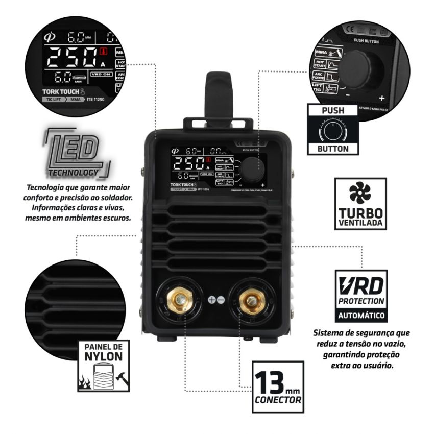 MÁQUINA DE SOLDA INVERSORA TIG, ELETRODO MMA TOUCH 250A 220V (TORK SOLDA)