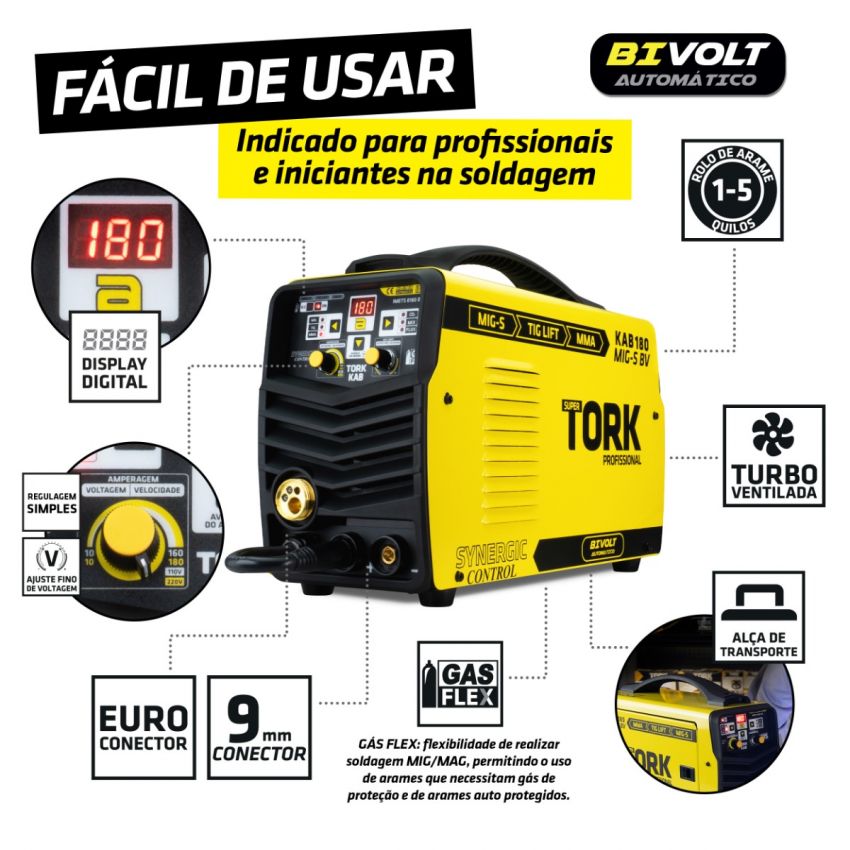 MÁQUINA INVERSORA DE SOLDA MIG SINÉRGICO,TIG,ELETRODO MMA KAB 180A BIVOLT (TORK SOLDA)