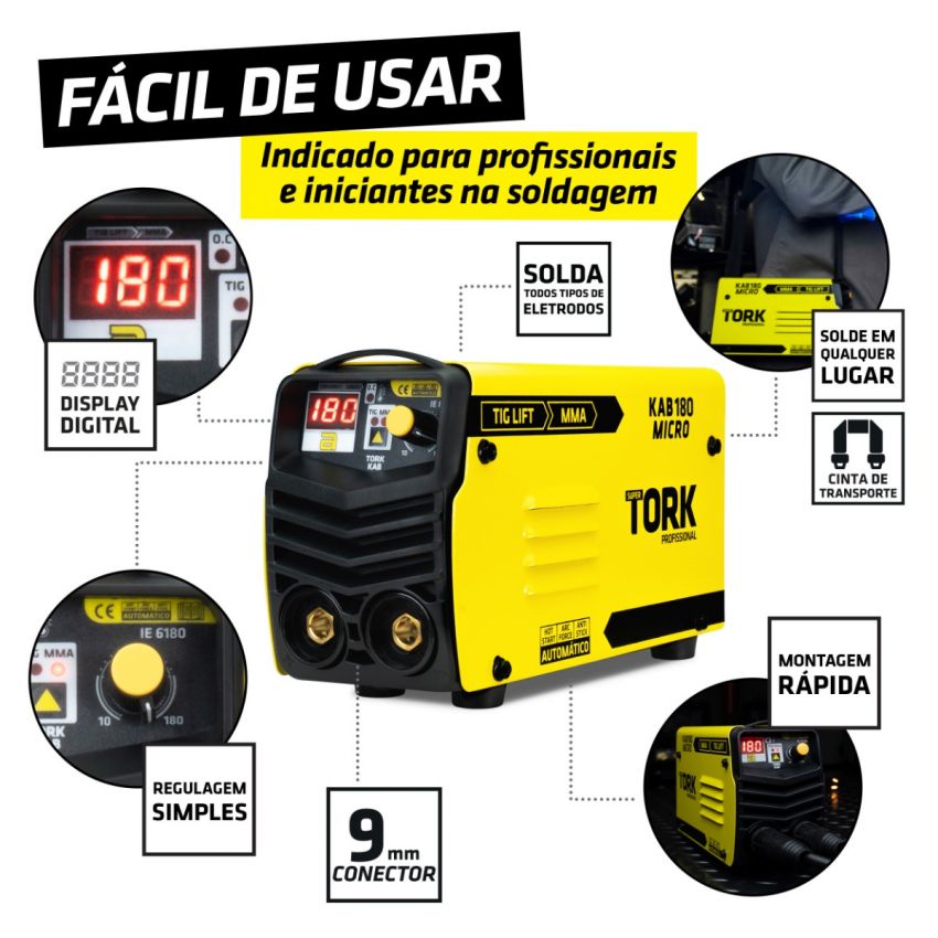 MÁQUINA INVERSORA DE SOLDA TIG,ELETRODO MMA KAB 180A 220v, MÁSCARA AUTOMÁTICA (TORK SOLDA)