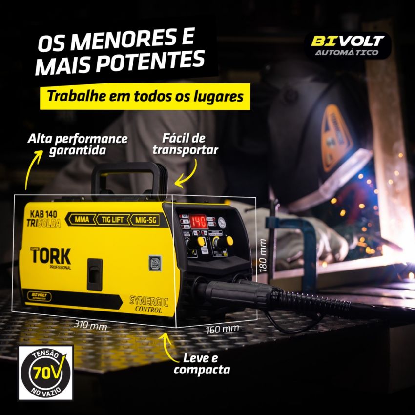 MÁQUINA INVERSORA DE SOLDA MIG SINÉRGICO,TIG,ELETRODO MMA KAB 140A BIVOLT (TORK SOLDA)