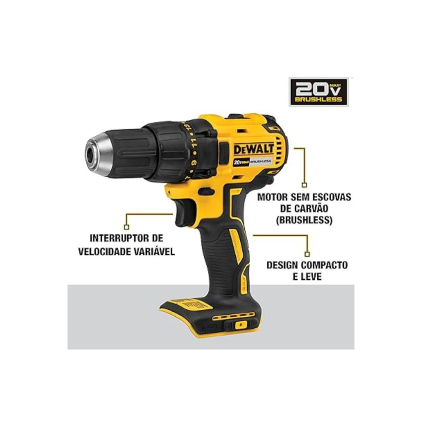 PARAFUSADEIRA FURADEIRA DE IMPACTO 1/2 POL. COM 2 BATERIAS 20V, CARREGADOR BIVOLT E MALETA (DEWALT)
