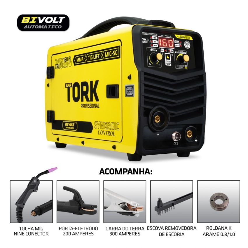 MÁQUINA DE SOLDA INVERSORA MIG SINÉRGICO, TIG, ELETRODO MMA KAB 160A BIVOLT (TORK SOLDA)