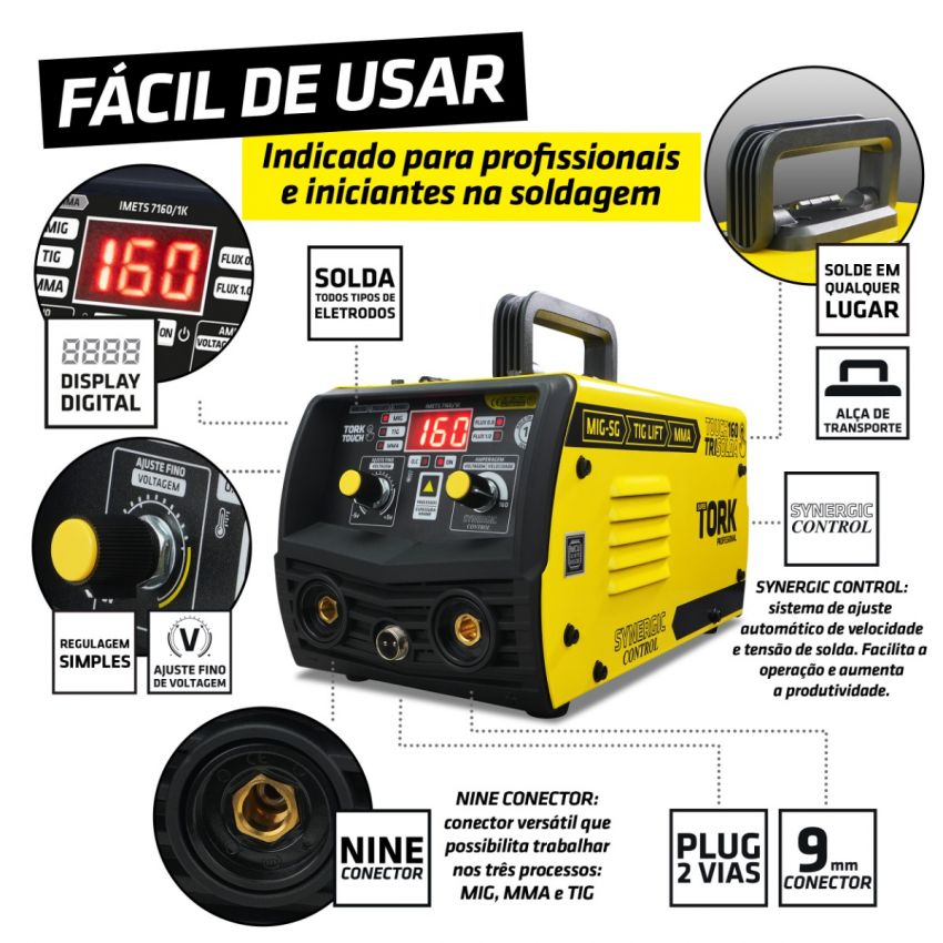 MÁQUINA DE SOLDA INVERSORA MIG SINÉRGICO, TIG, ELETRODO MMA KAB 160A 220V, MÁSCARA AUTOMÁTICA (TORK SOLDA)