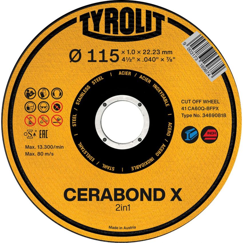 DISCO CORTE CERABOND 115X1X22 CA60Q-BFPX (TYROLIT)