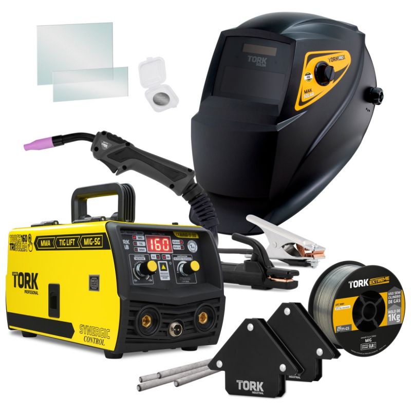 MÁQUINA DE SOLDA INVERSORA MIG SINÉRGICO, TIG, ELETRODO MMA KAB 160A 220V, MÁSCARA AUTOMÁTICA (TORK SOLDA)